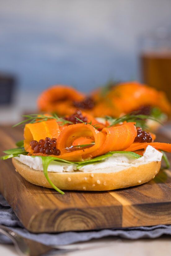 Carrot lox – the best vegan smoked salmon – on a bagel with vegan caviar