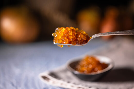 Onion Caviar – Caramelized Onion Pearls on a tea spoon